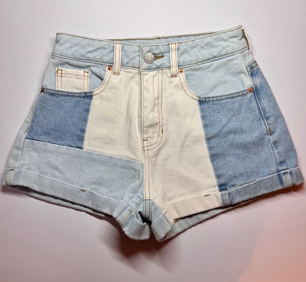 PACSUN Patchwork Denim Jeans Mom Shorts 100% Cotton Size 24 (Bx 26)